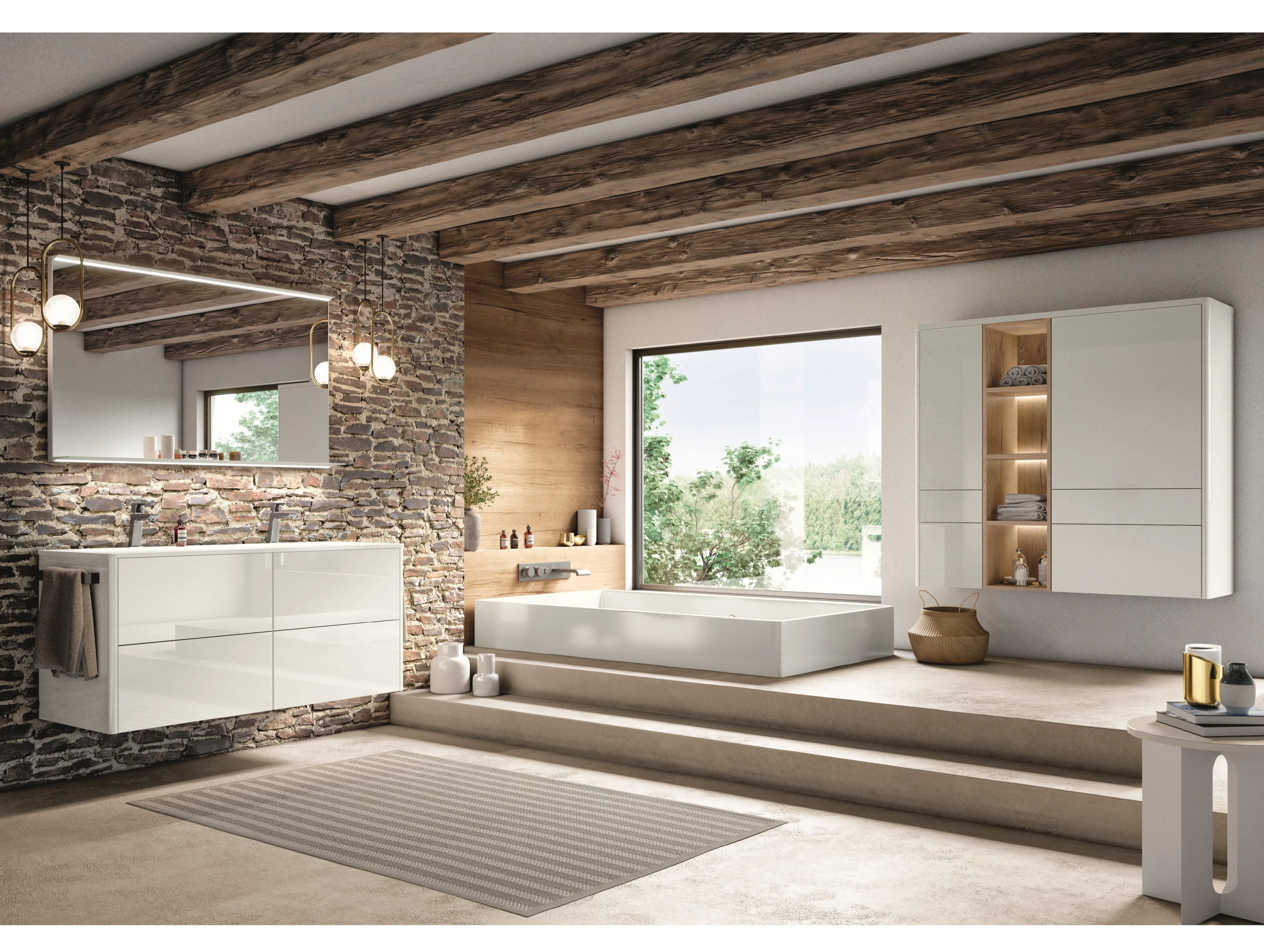 Luxuriöses Badezimmer mit weissem Waschtisch, Badewanne im Boden eingelassen, weisses Highboard mit Holzfächern in einem rustikalen Raum mit Holzdecke und Mauerwerkswänden