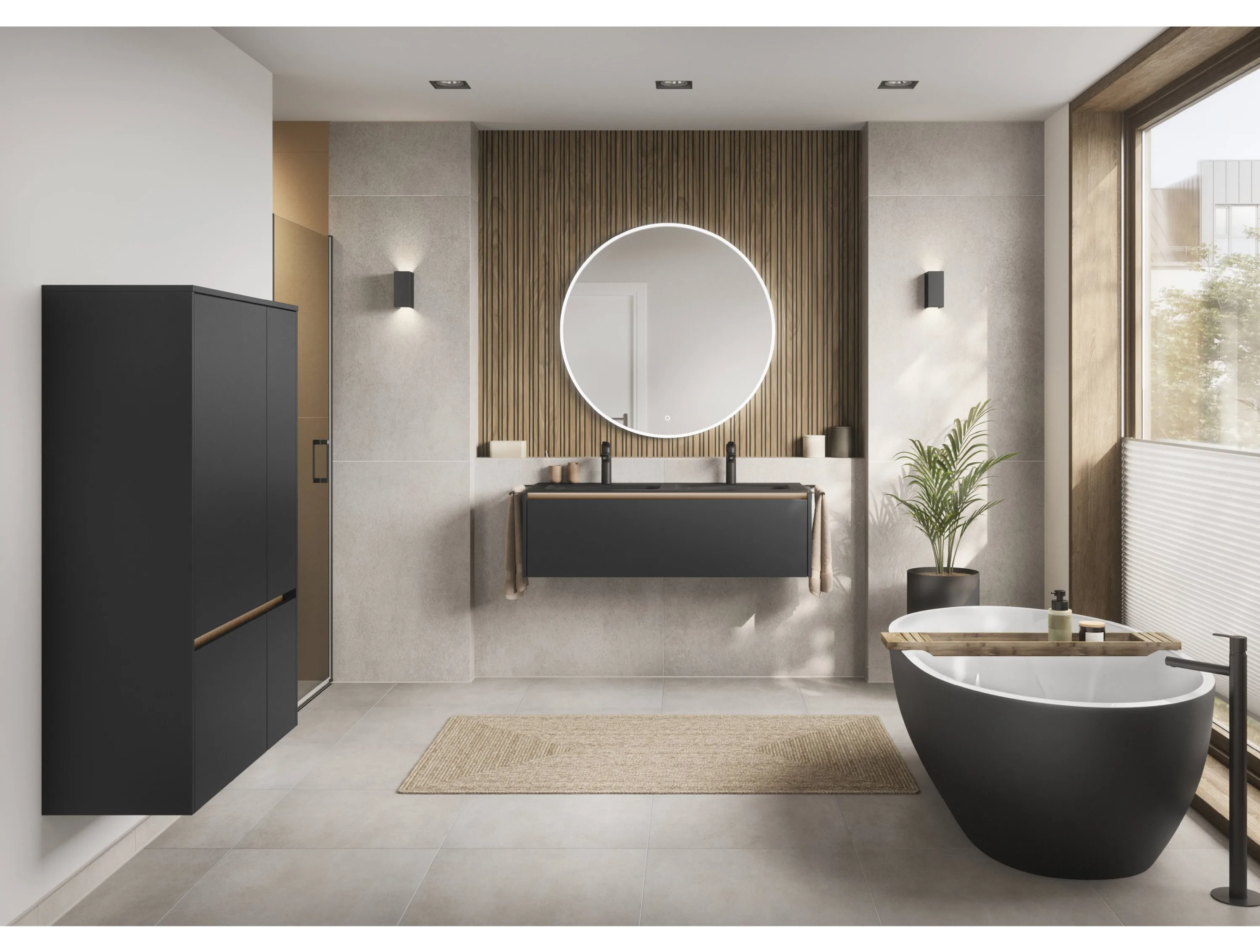 Dunkelgraues Badezimmer mit Doppelwaschbecken und rundem Spiegel - Frontalansicht mit Extra Highboard