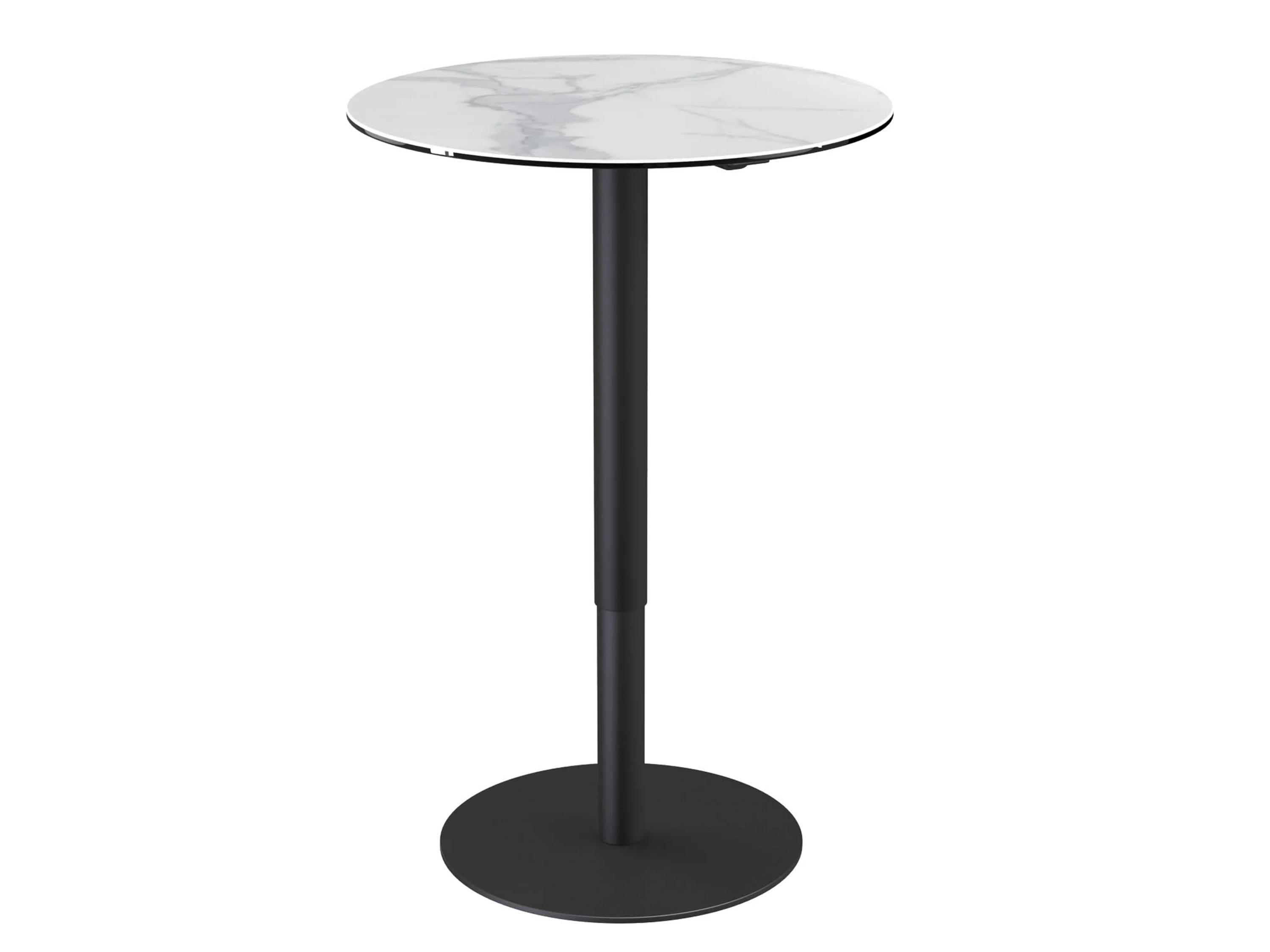 Der höhenverstellbare Tisch überzeugt mit einer eleganten Keramikplatte in Marmoroptik und einem modernen Säulengestell in Schwarz.