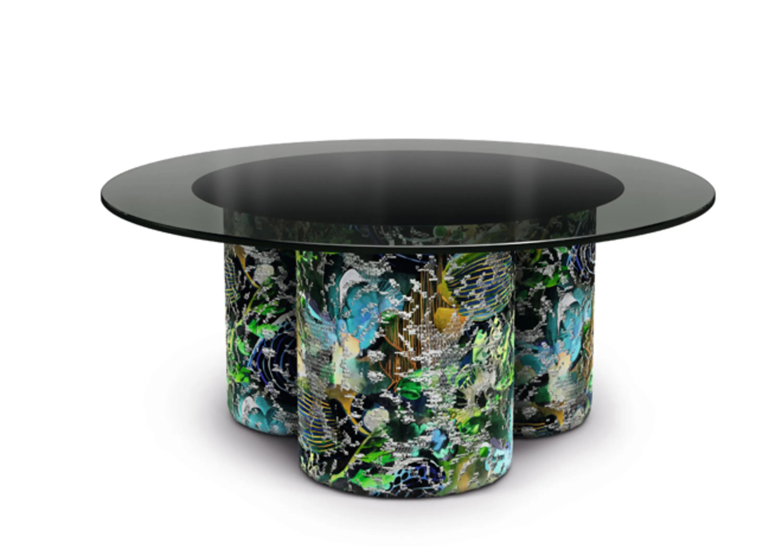 Runder Glastisch mit einem bunten Muster darauf