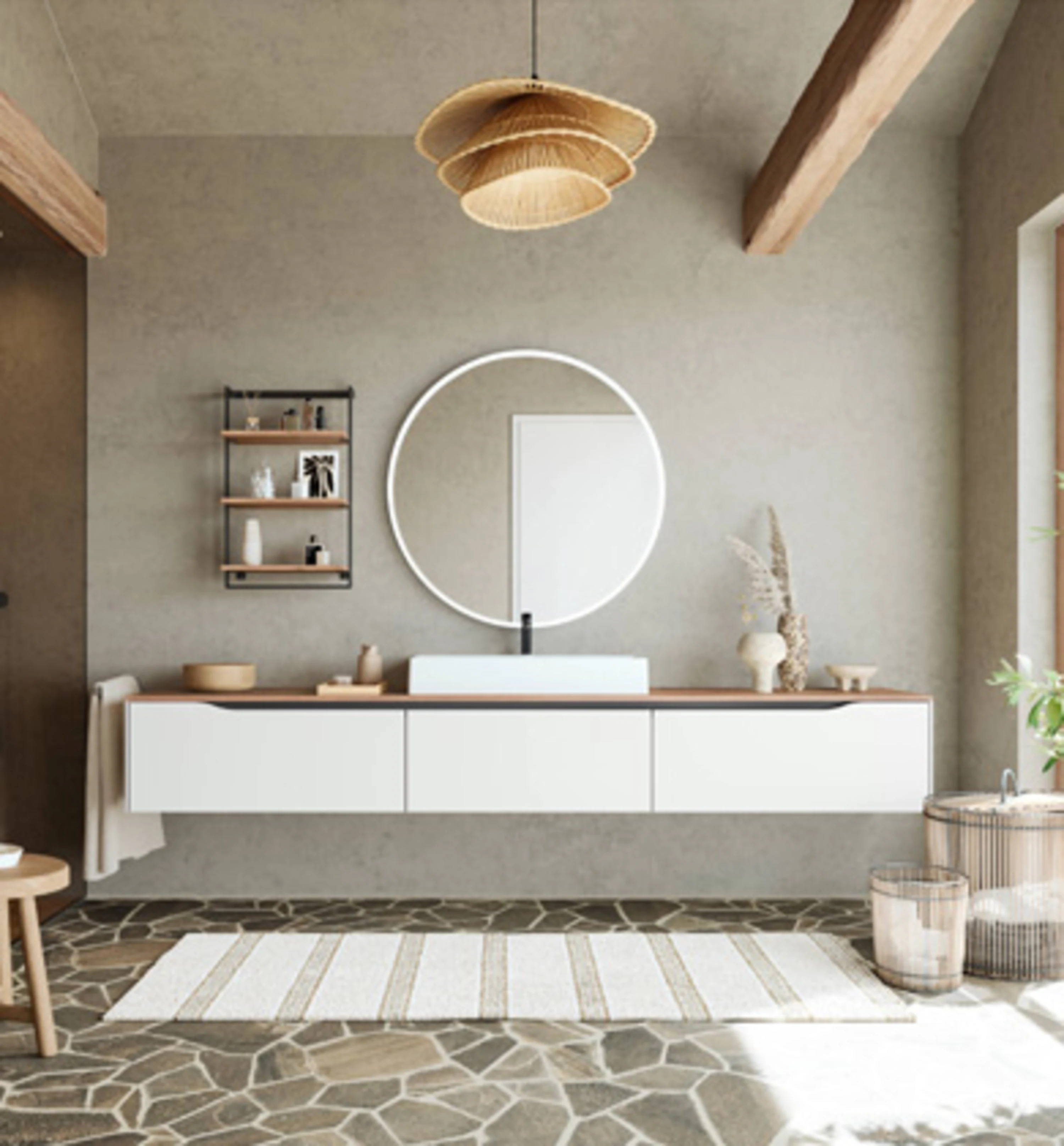 Weisse Badezimmereinrichtung in L-Form mit Holzfarbenden Fächern, rundem Speigel und Regal an der Wand - Frontansicht