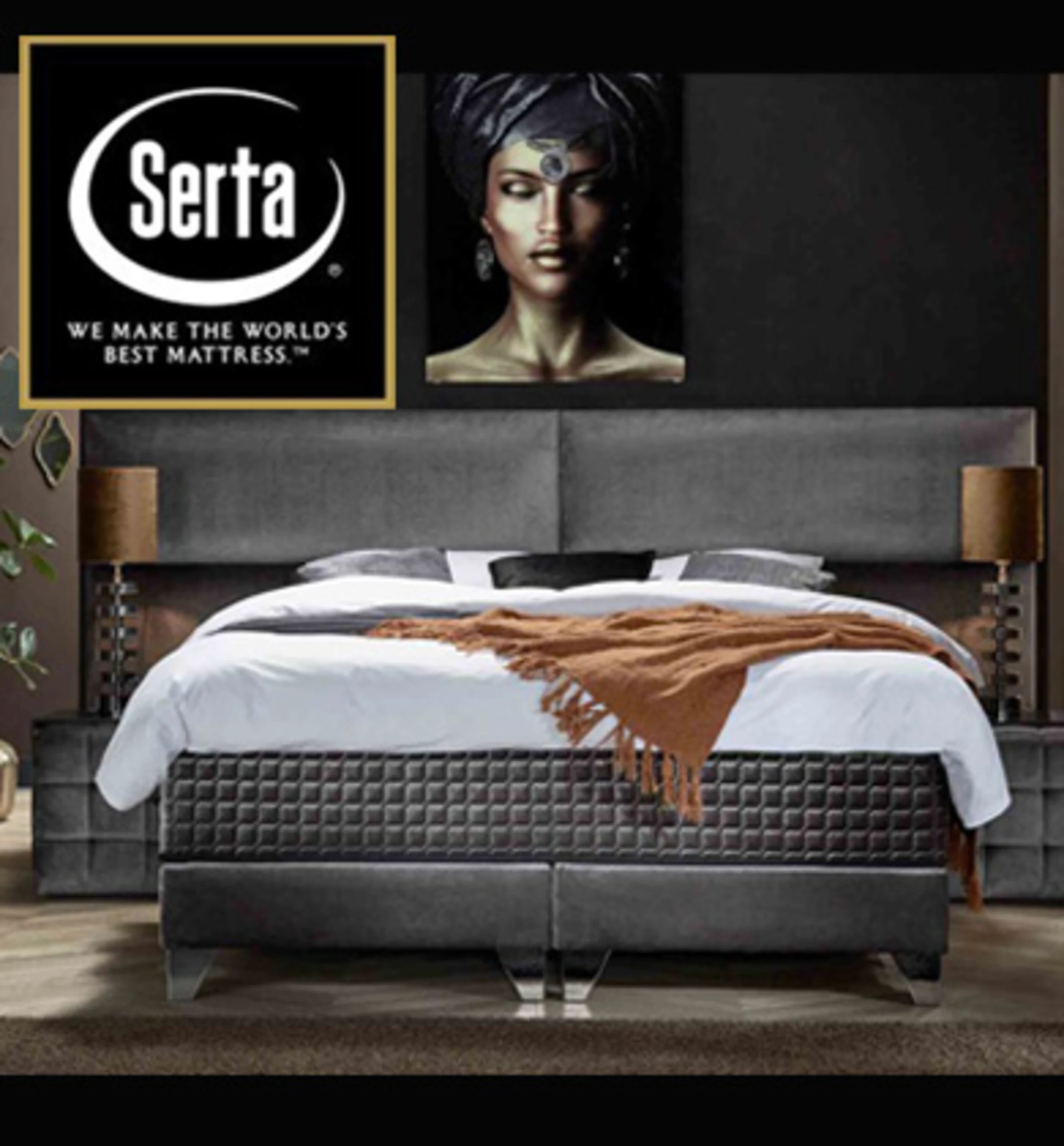 Bett mit Kopfteil und großes Gemälde an der Wand