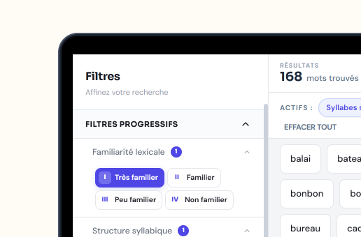 Boîte à mots — filtres phonologiques, grille de mots et sélection personnalisée