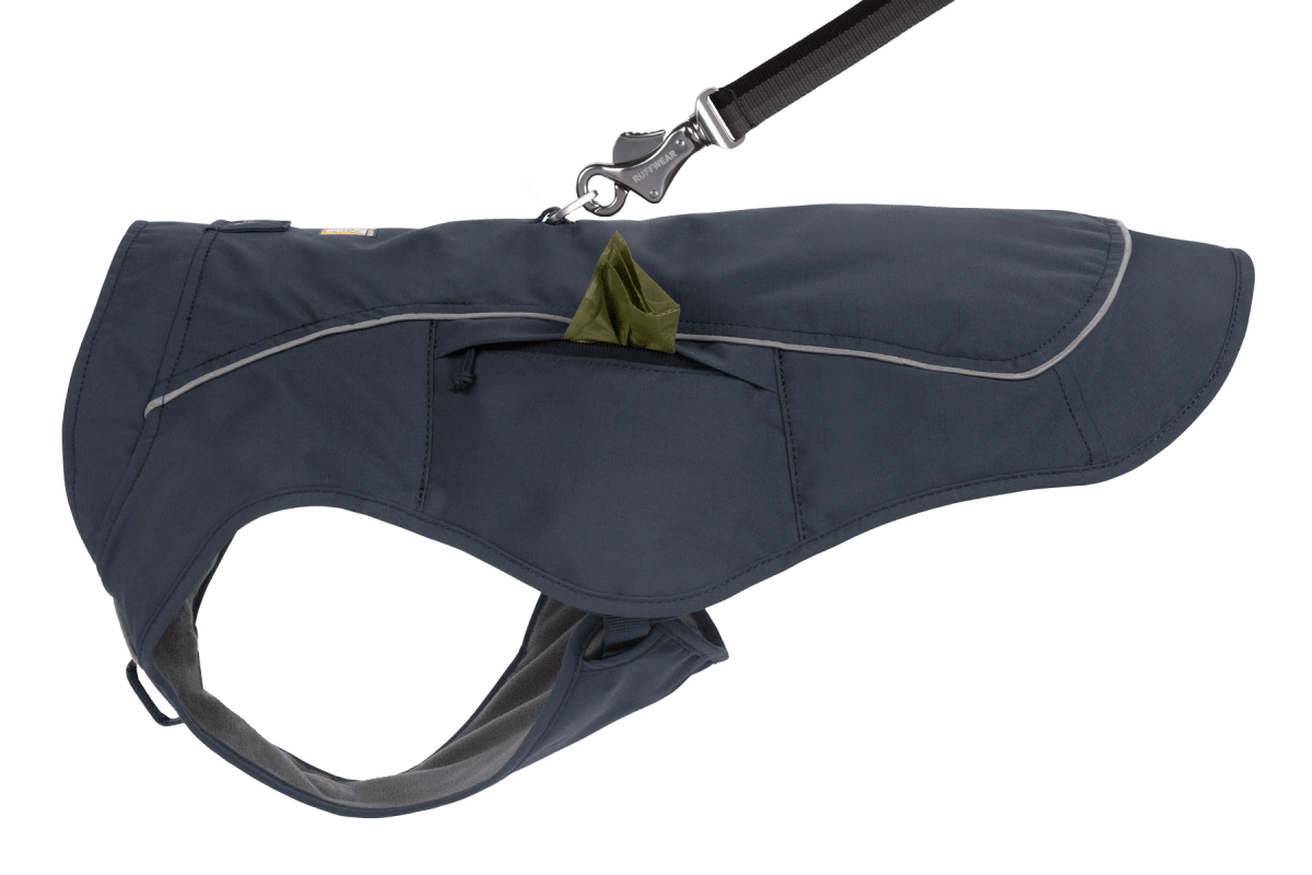 Ruffwear Overcoat Fuse showing side profile with leash attachment and zippered pocket