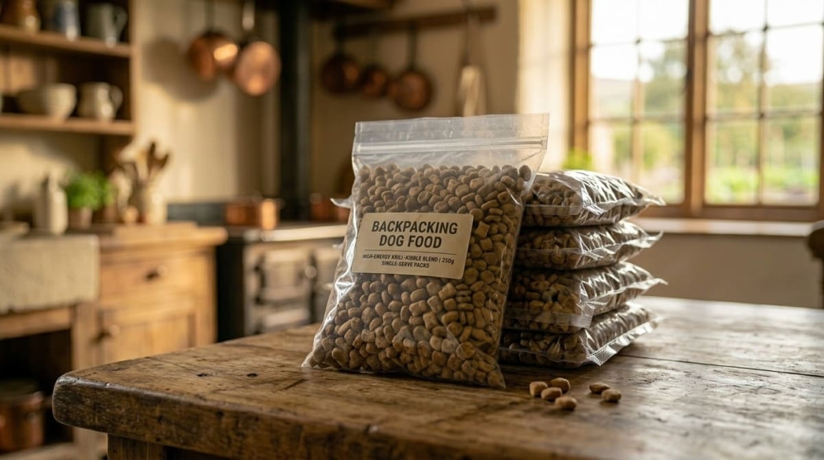 Vacuum-sealed daily dog food rations organized inside a flat rate shipping box for trail resupply