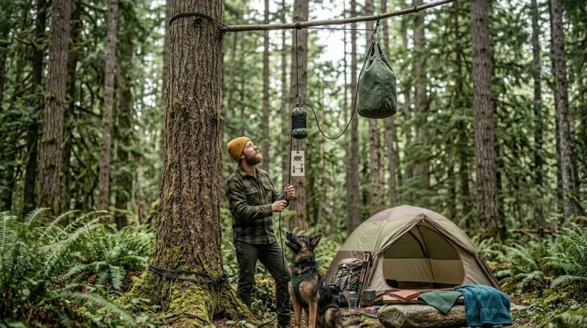 Proper PCT bear hang showing food bag suspended from tree branch with toggle stick locking mechanism