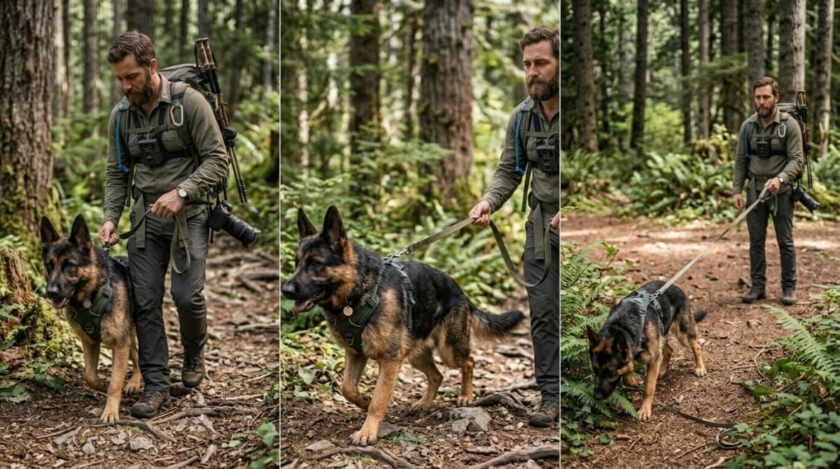 Comparison of a four-foot, six-foot, and adjustable leash laid out side by side on a trail