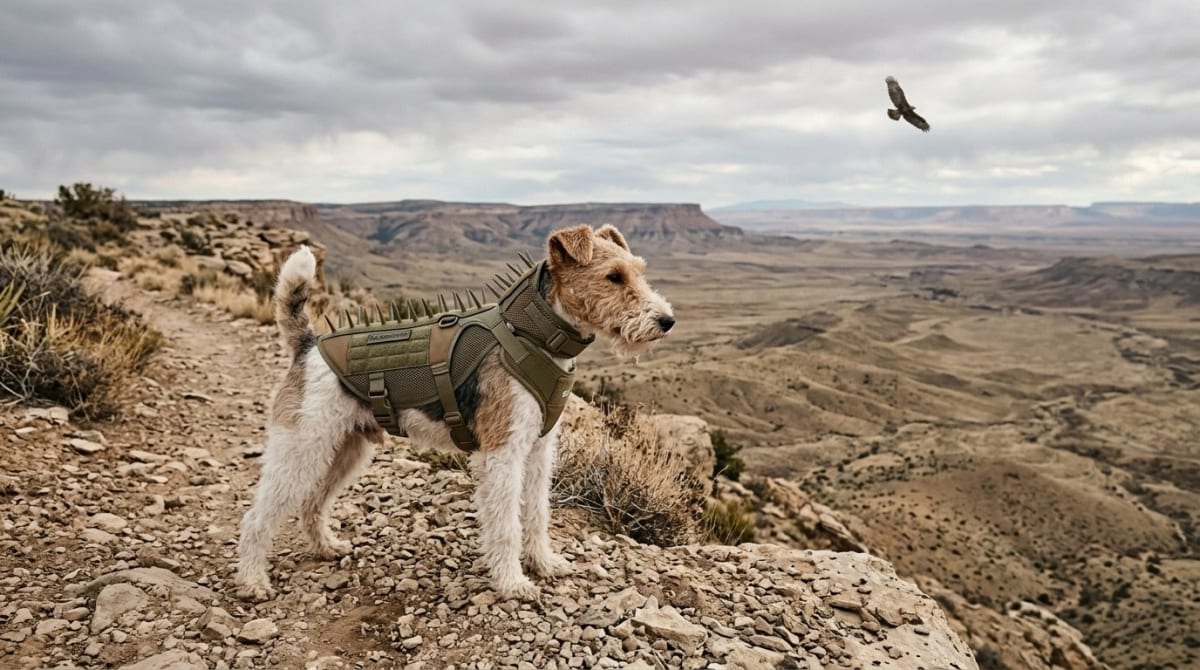 Small dog wearing a protective anti-raptor vest with polycarbonate panels on a mountain trail