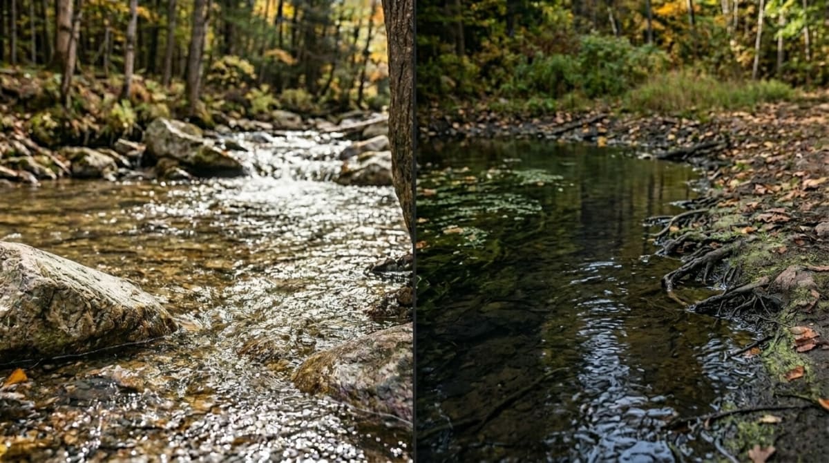 Dog drinking from a fast-moving alpine stream while hiker holds a water filter nearby on a mountain trail