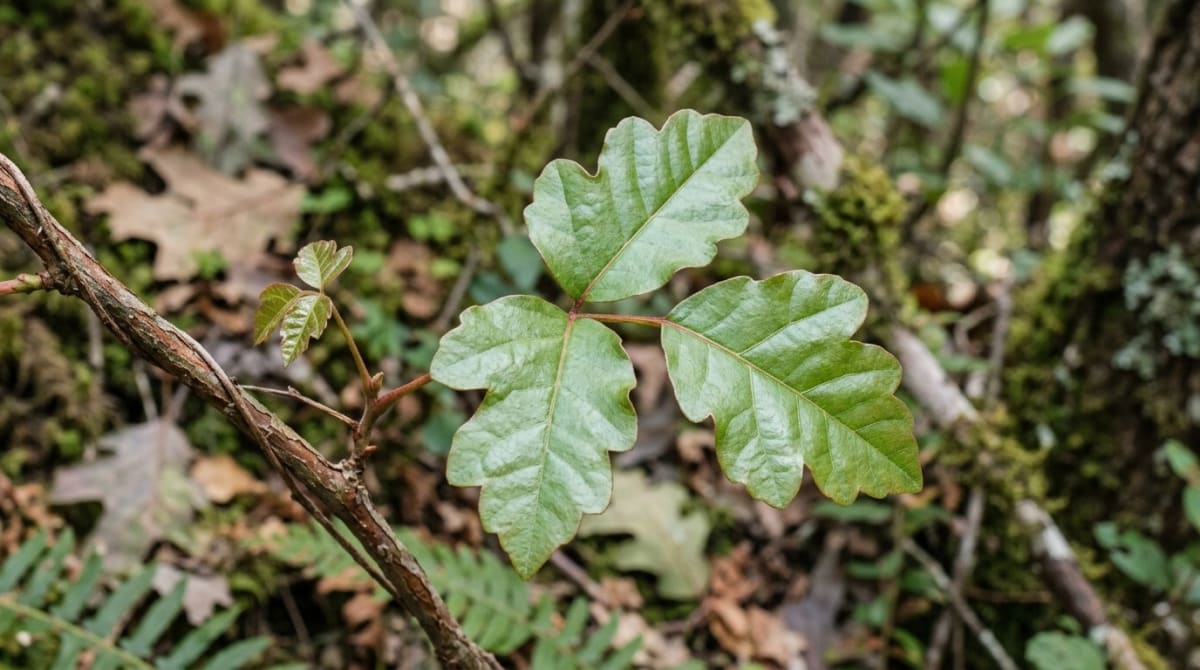 Close-up of poison oak leaves showing three-leaf clusters with scalloped edges