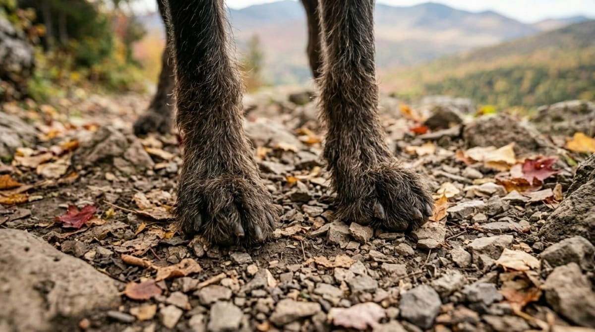 Close-up of a dog's legs and paw pads on rocky trail surface