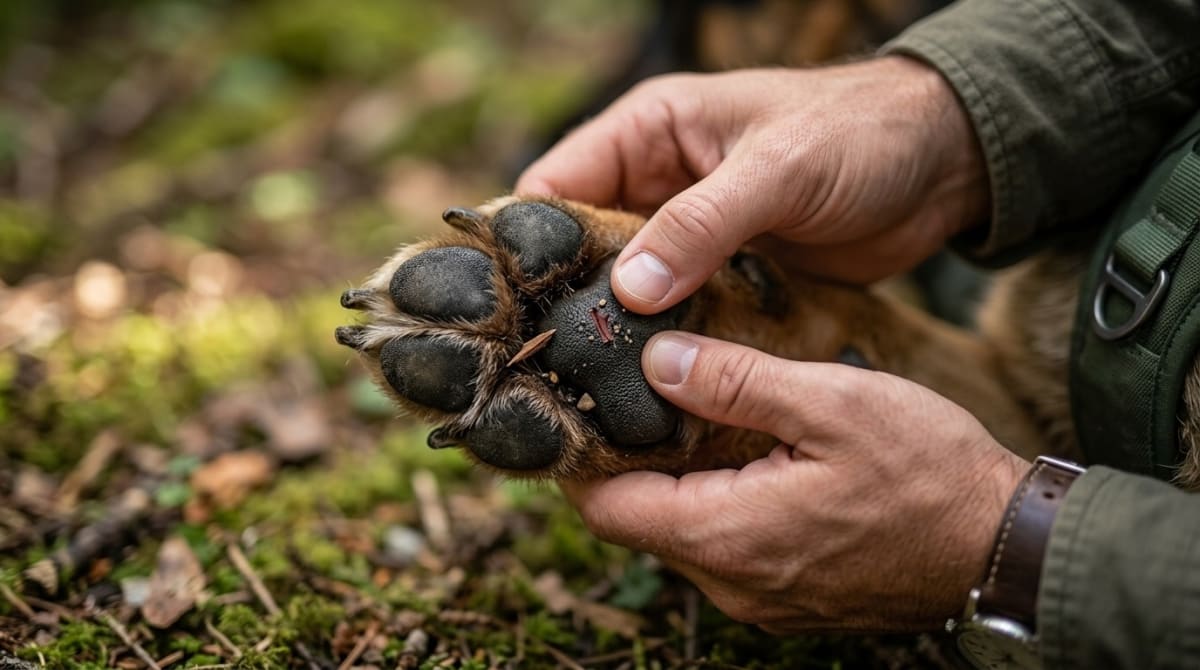 Close-up of a dog's paw pad being inspected for cuts and embedded debris