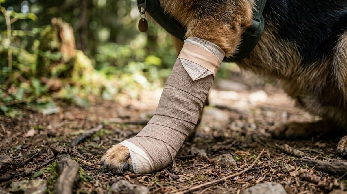 Properly bandaged dog paw showing correct vet wrap technique anchored above the wrist joint