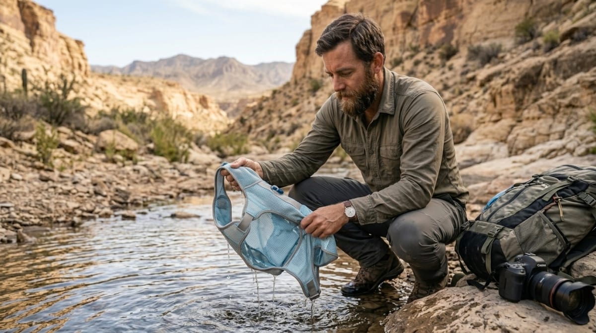 Cooling vest being soaked in water before being put on a dog for a hike