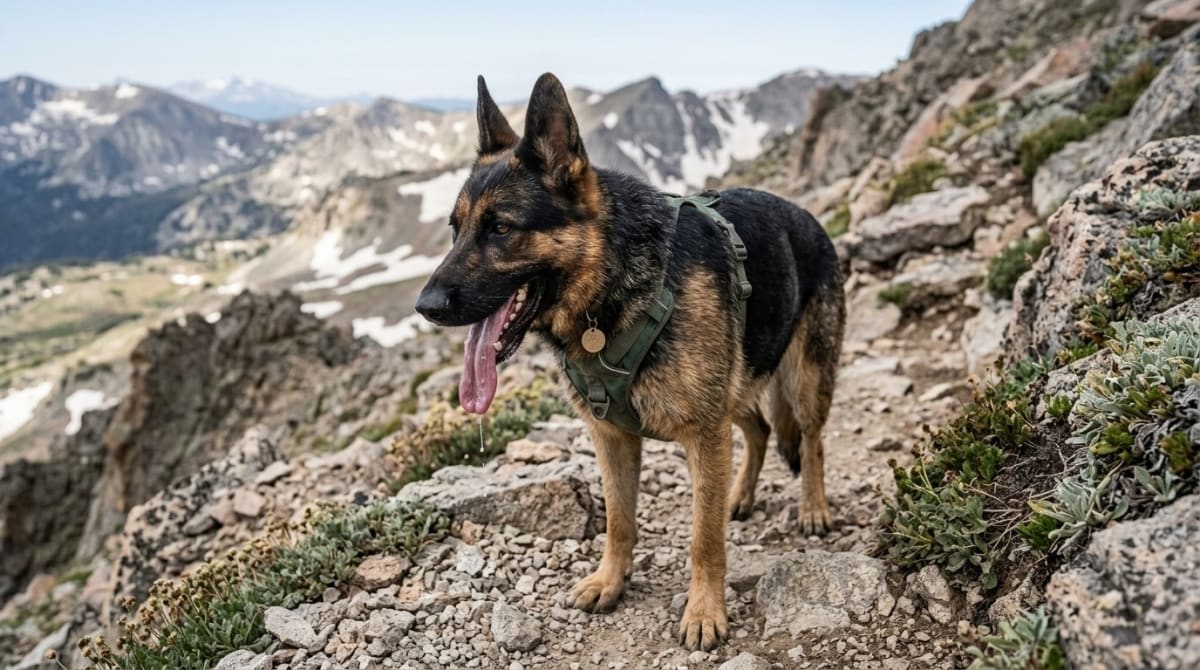 Hiker checking dog's gum color at high altitude to assess blood oxygen levels