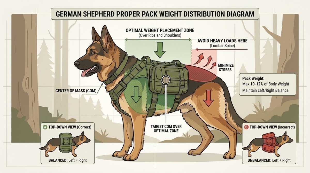 German Shepherd wearing a fitted dog backpack on a mountain trail