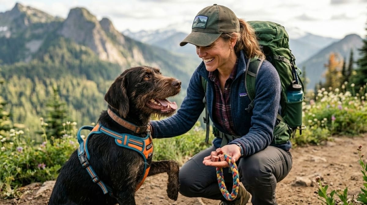 Hiker holding a dog on a long line in a forest trail with deer habitat visible through the trees