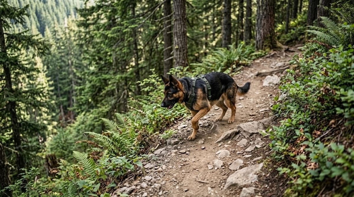Dog navigating a moderate grade trail switchback