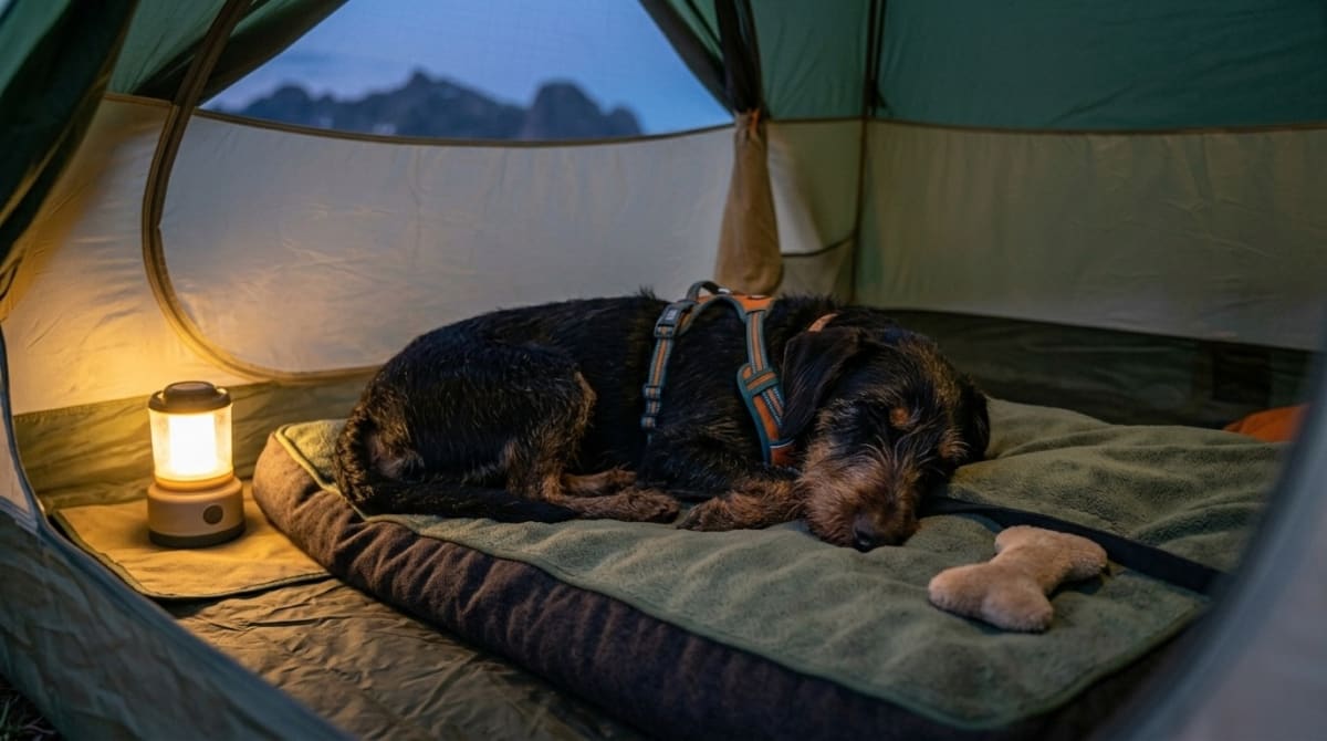 Dog settling calmly on a sleeping pad inside a backpacking tent