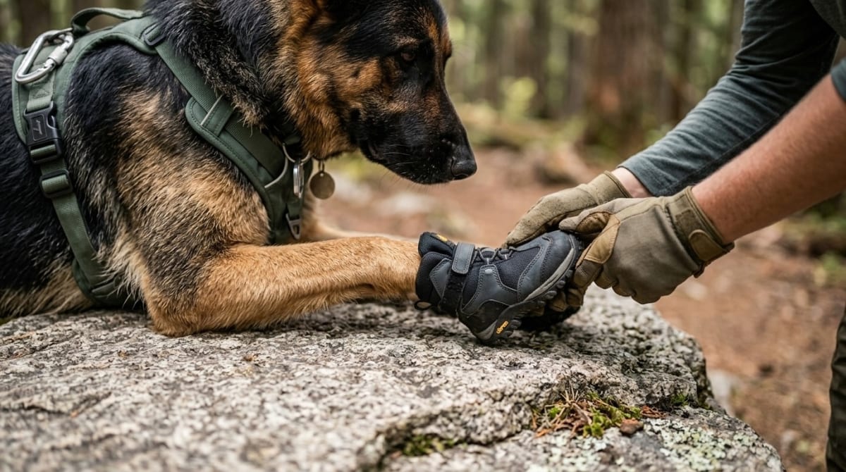 Hiker applying cool water to a dog's underbelly on a shaded trail during emergency cooling