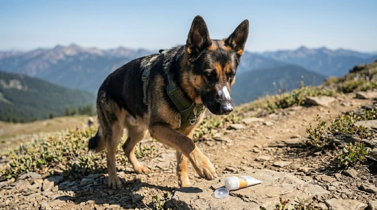 Close-up of dog-safe sunscreen being applied to dog's nose on mountain trail