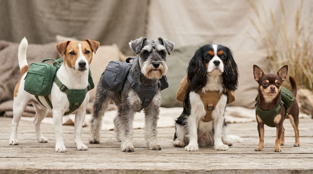 Comparison of hiking pack sizes on different small breed dogs