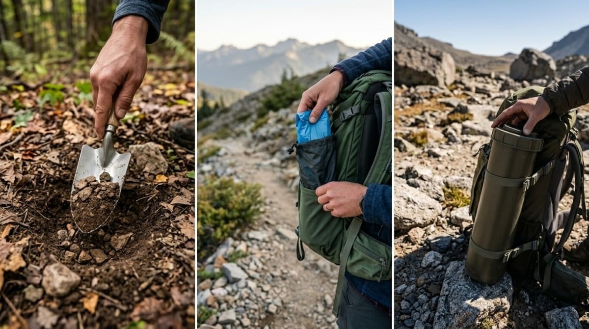 Hiker properly disposing of dog waste bag into a sealed poop tube on a wilderness trail