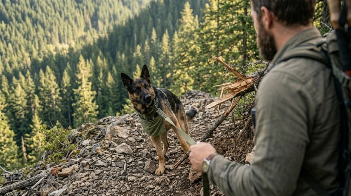Dog on leash being redirected away from a trail hazard by its handler