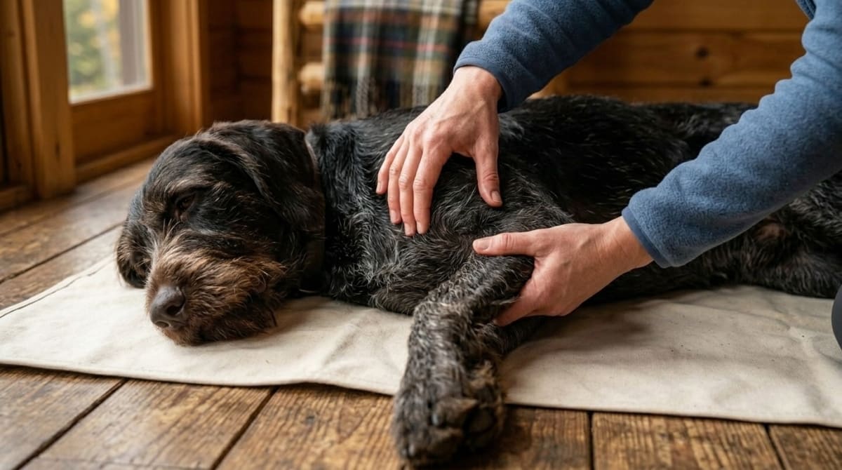 Dog resting comfortably on a soft bed after a long trail hike, showing healthy post-hike recovery position