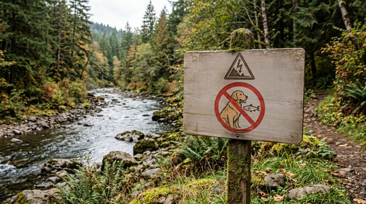 Warning sign posted near a Pacific Northwest river about salmon poisoning risk for dogs