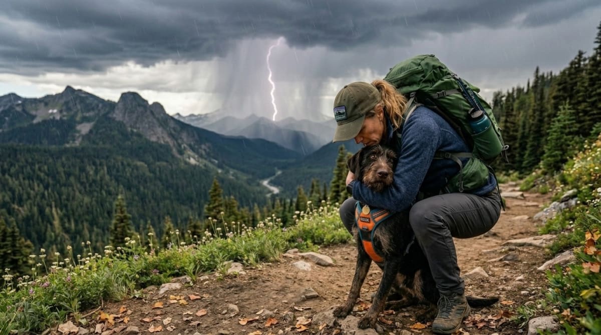 Dog being held close to owner's chest on a trail during a storm