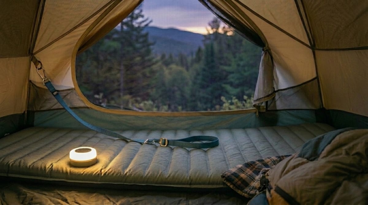 Tent interior showing tether attachment point clipped to gear loop with dog sleeping pad positioned away from the door