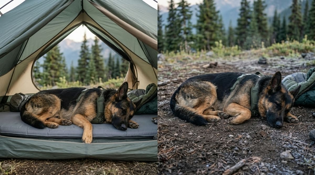 Dog resting on a closed-cell foam sleeping pad inside a backpacking tent