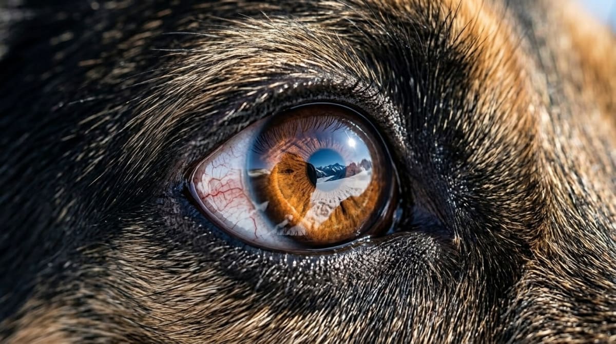 Large dog wearing protective goggles on an open alpine snowfield