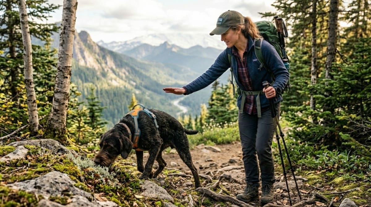 Dog on a long biothane line investigating a trailside log while hiker waits with slack leash