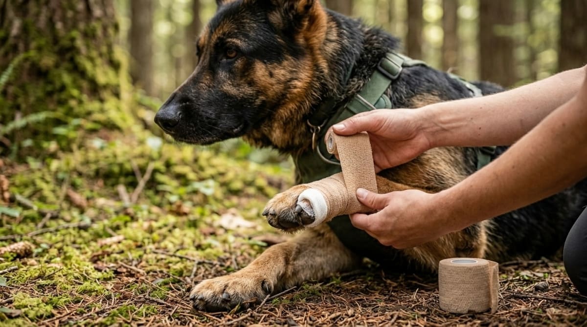 Dog paw wrapped in white gauze bandage on a dirt trail