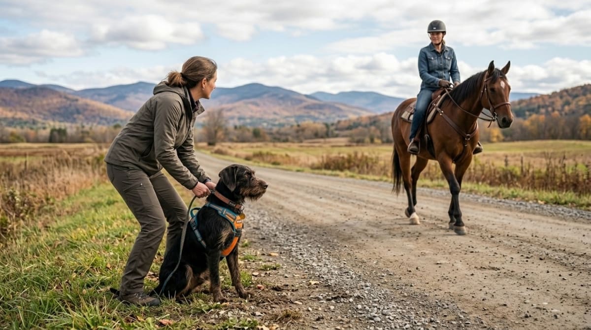 Handler holding dog on short leash at safe distance from passing horse on trail