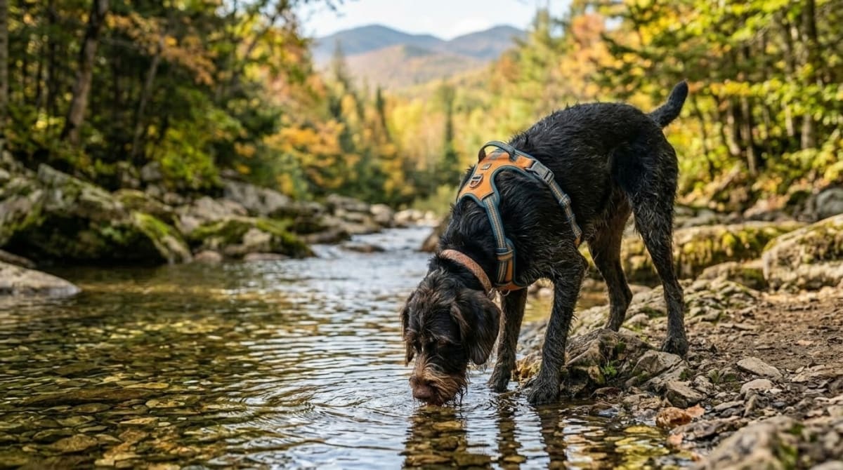 Collapsible silicone dog bowl with water on a trail rest stop