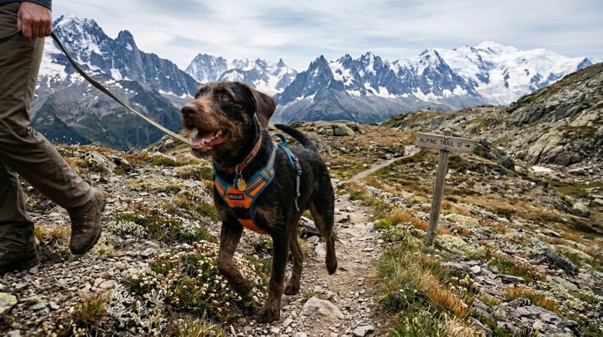 Dog staying on a designated trail through fragile alpine tundra vegetation
