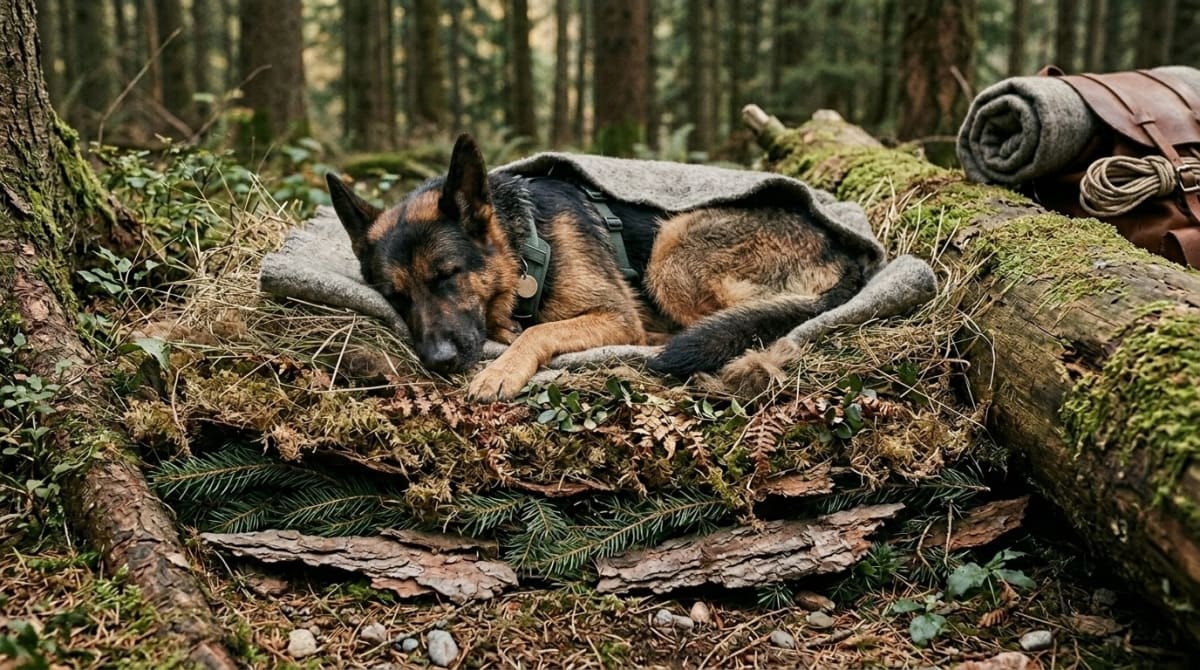 Large dog resting on a stuffed emergency bed made from pine needles and forest debris