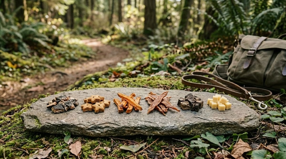 Variety of dog-safe trail snacks including peanut butter squeeze tube, hard cheese cubes, and freeze-dried meat treats