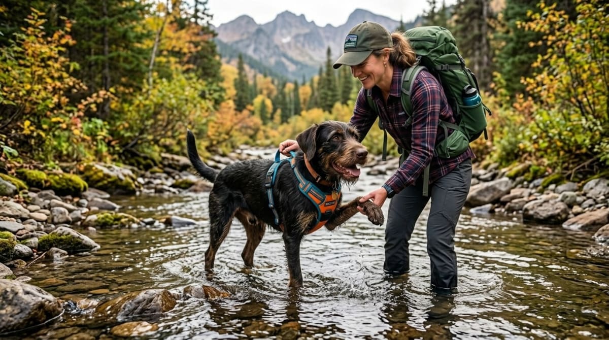 Dog secured in a backpack carrier at a river crossing with handler using trekking poles for stability