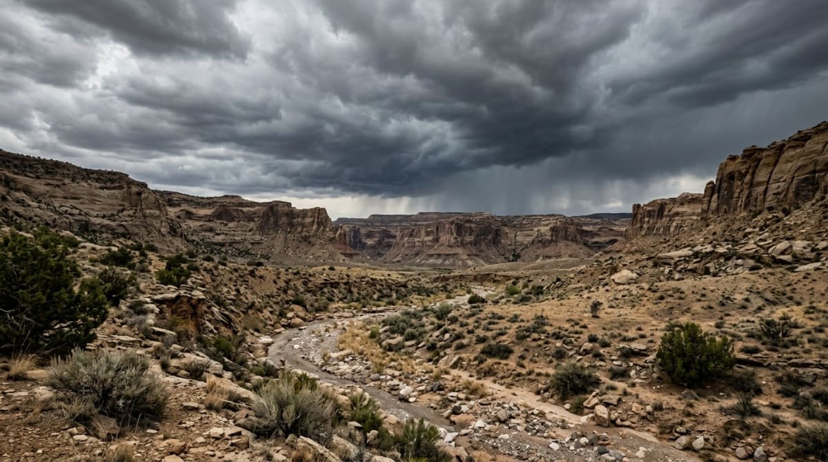 Hiker and dog moving to higher ground on rocky canyon walls above a desert wash