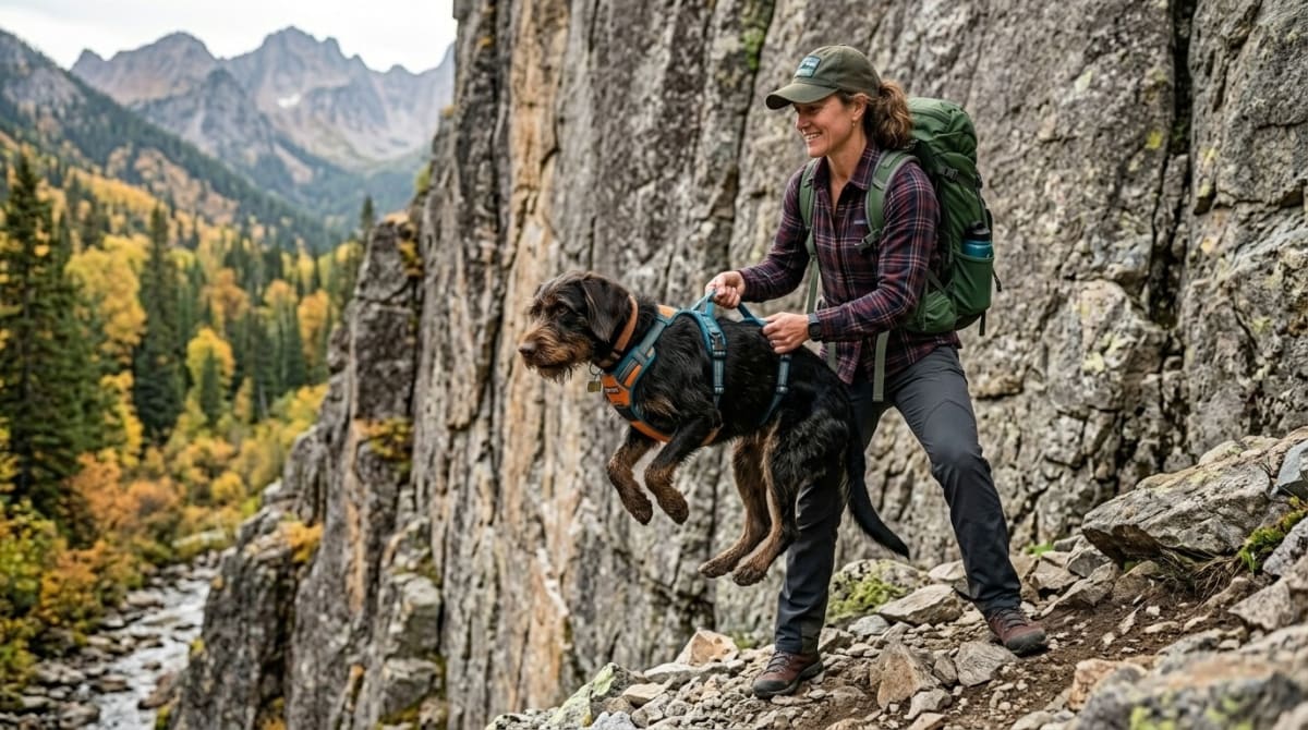 Large dog being assisted over a rocky scramble section with a technical harness