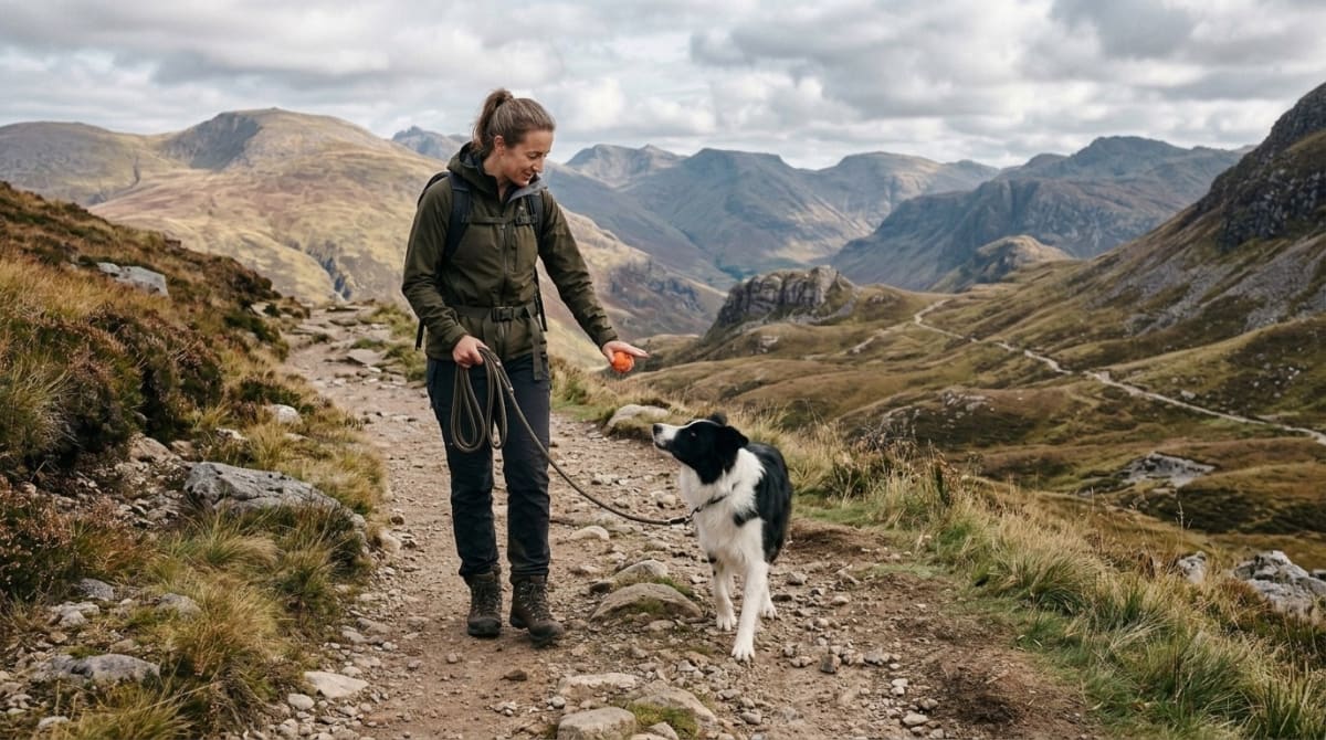 Herding dog being redirected away from a trail hazard with a toy and firm handler cue