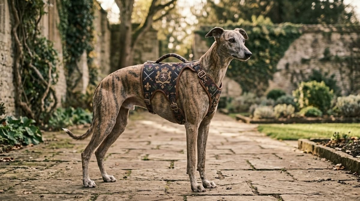 Sighthound wearing escape-proof harness with traffic handle on trail