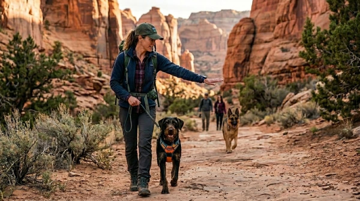 Handler stepping off the trail with a dog on a short leash while another hiker passes
