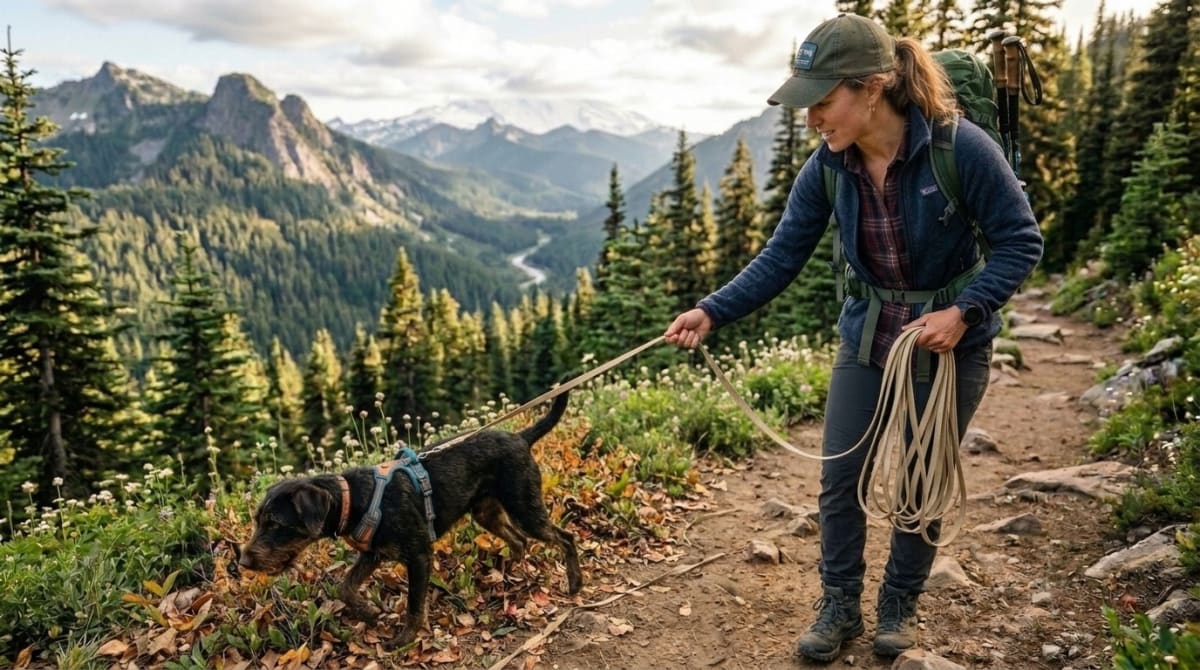 Handler demonstrating the accordion fold technique for managing a long line leash