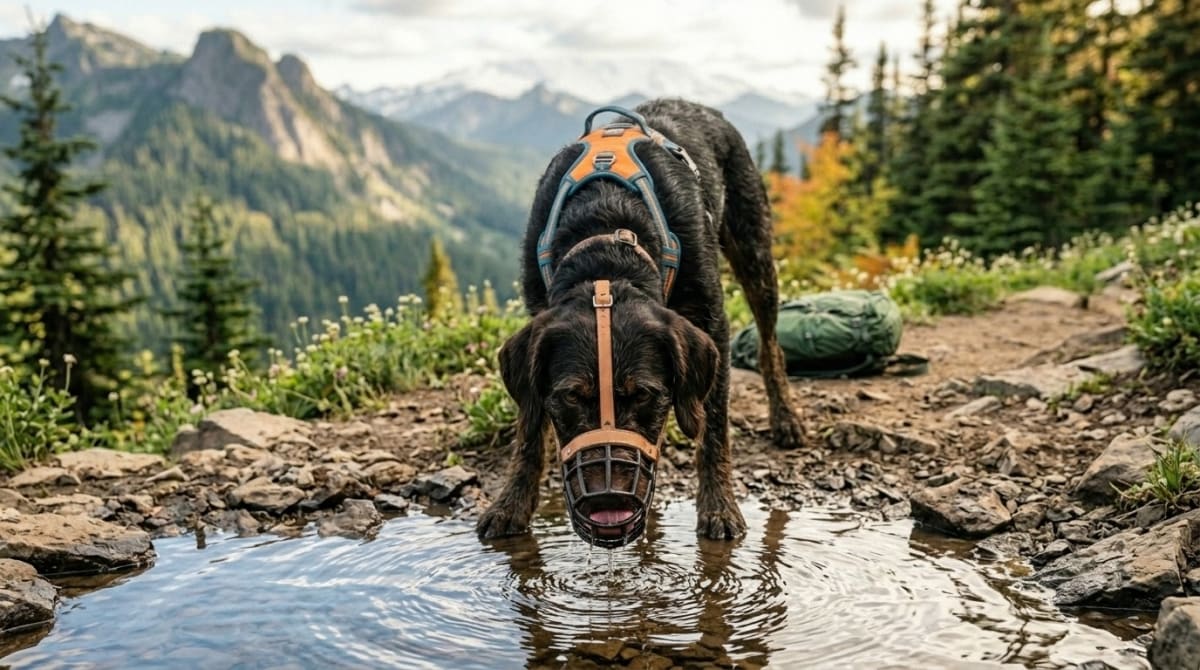 Dog wearing a properly fitted basket muzzle drinking from a trail bowl
