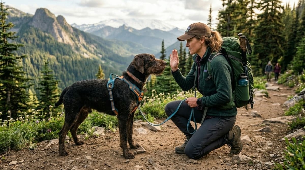 Dog handler using a hand signal to redirect a reactive dog's attention on a forest trail